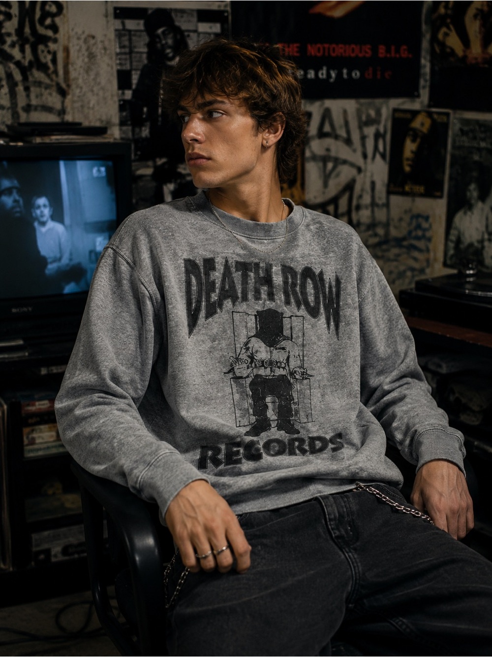 Death Row Records Electric Chair Graphic Sweatshirt Grey Black Boxy Sweatshirt
